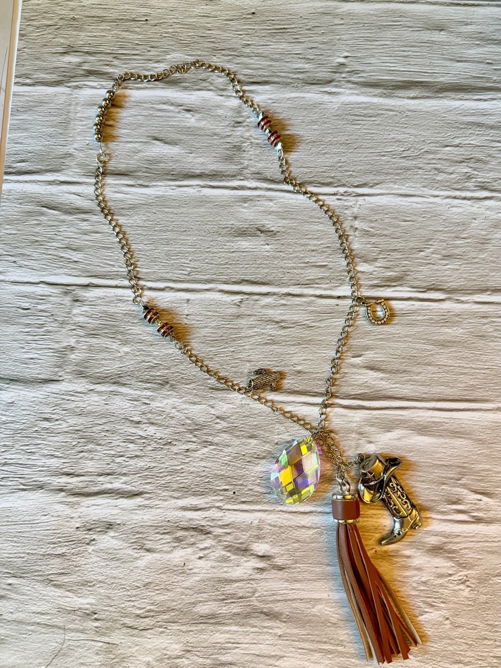 Silver-Tone Western Tassel Prism Rearview Mirror Decor